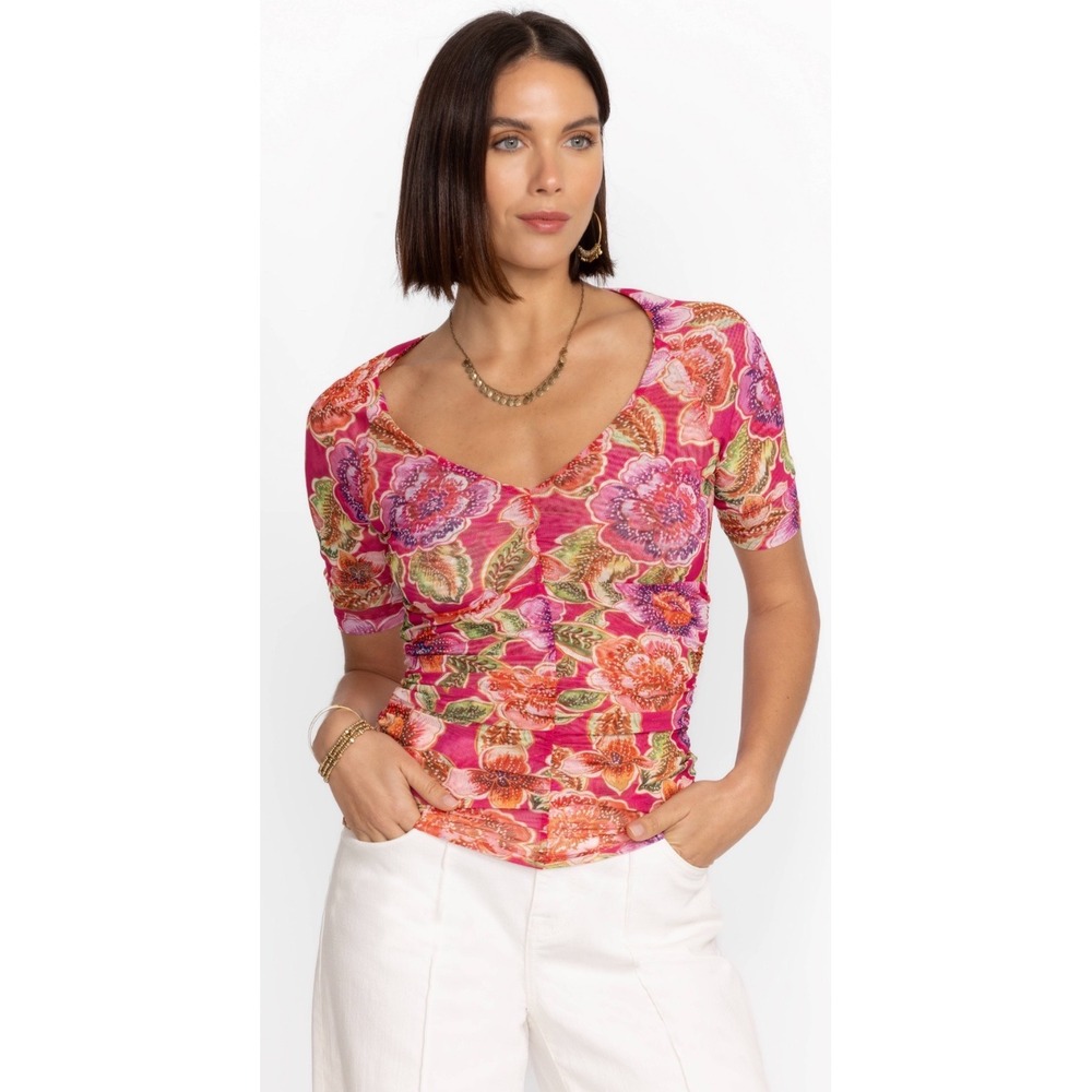 Johnny Was x Jade Gloriana Mesh Tee Pink Floral Ruched V-Neck Top Medium